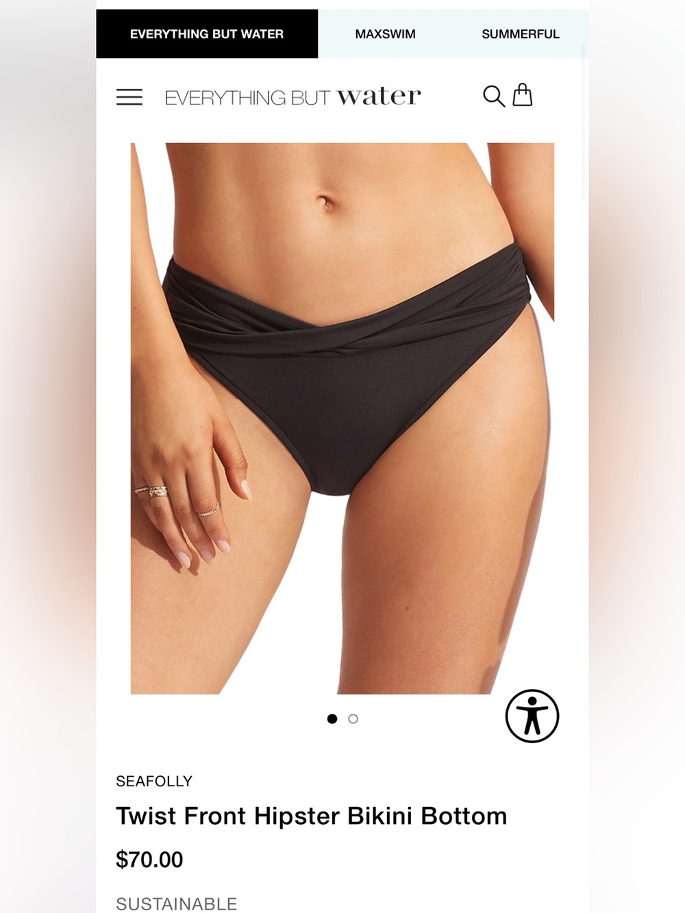Seafolly Black Bikini Bottoms - Sleek Solid Swim Brief